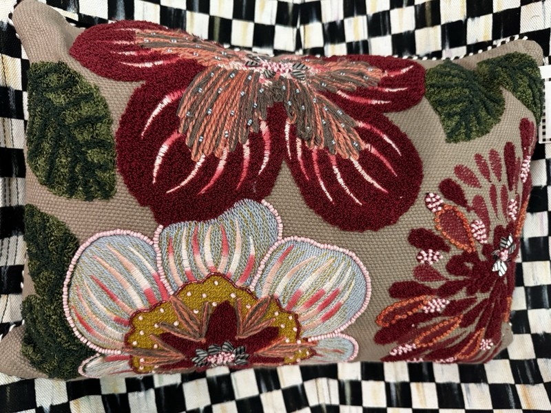 MacKenzie-Childs Annabelle 14x20 Lumbar Pillow Floral Beaded Embroidered Zip