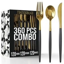 Kitchen 360 Black And Gold Disposable Cutlery Set 120 Forks Knives Spoons