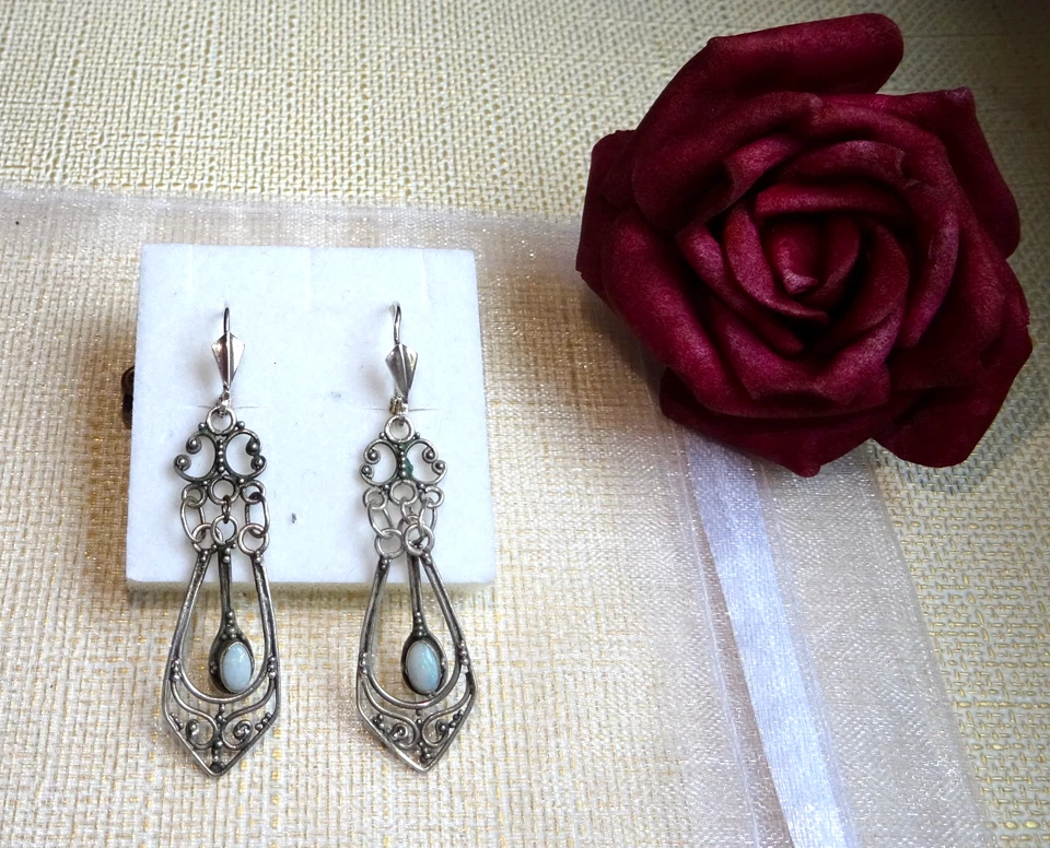 Filigrane Art Deco-Vintage 925 Silber Ohrhänger mit Milchopal! Traumhaft-ca 3,4g - Bild 2 von 4