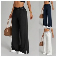 Women's Summer Casual Wide Leg Pants High Waist Loose Fit Solid Color Slit Leg