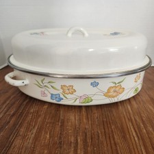 Vintage Enamelware Roaster With Lid Ivory Flo...