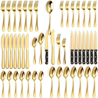 49 Piece Gold Silverware Set - Service for 8 - Stainless Steel Gold Flatware ...