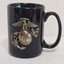 USMC Glass Coffee CUP MUG Pewter Emblem Old Forge Pewter Made in USA BLACK