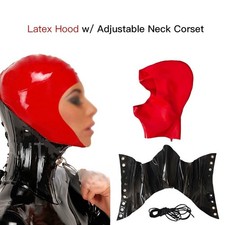 Red Latex Hood with Black Adjustable Neck Corset Rubber Mask Fetish Clubwear US