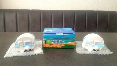 2 Vintage Keramik Wohnwagen Eierbecher verpackt Neuheit Sammlerstück Wohndeko Geschenk