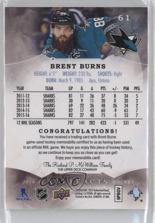 2016-17 Upper Deck Artifacts Emerald Dual Relics /75 Brent Burns #61 - Image 2 of 2