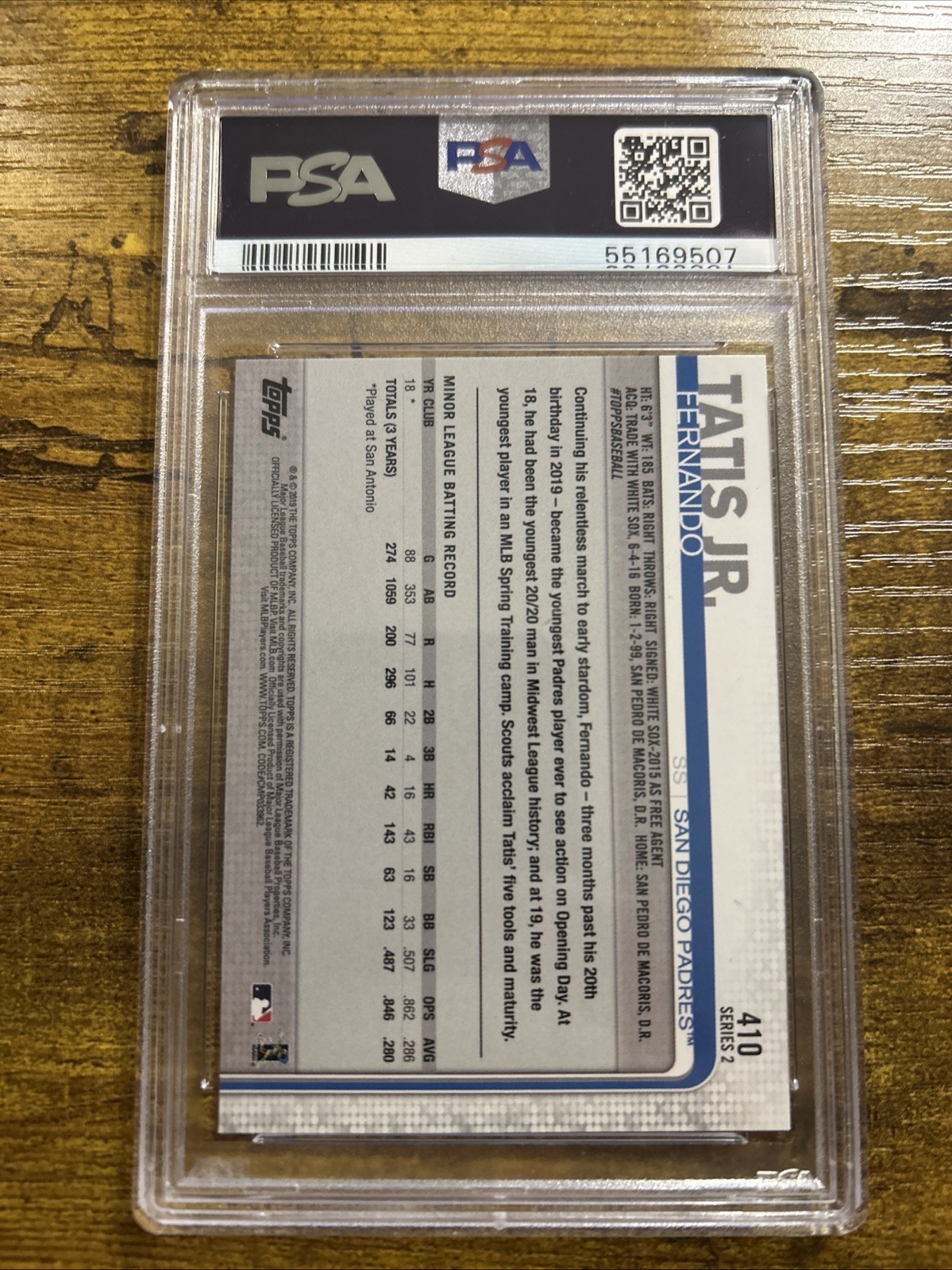 2019 Topps FERNANDO TATIS JR. Rookie Card PSA 9 Mint San Diego Padres view 2