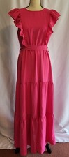 SHEIN Hot Pink Maxi Dress L 8/10 Prairie Tiered Ruffle Flutter Sleeves
