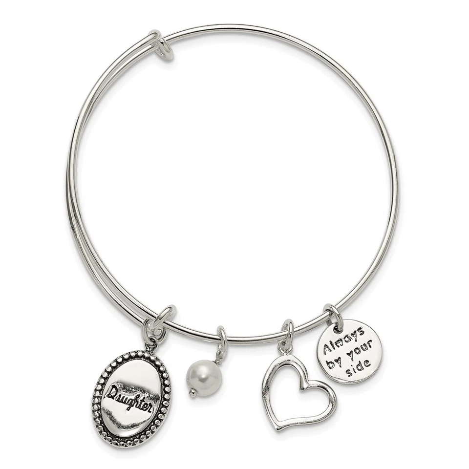925 Sterling Silver Antiqued Pearl Daughter Charm Adjustable Bangle Bracelet 8" - Image 2 of 4