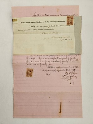 1866 antique COURT TITLE SEARCH CERTIFICATES phila pa 8th Street REVENUE STAMPS