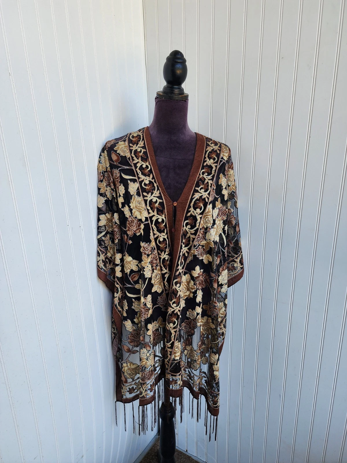 Women's Multi-Way Poncho Topper Scarf Fringe Brown Tan Floral Rose Metallic OS