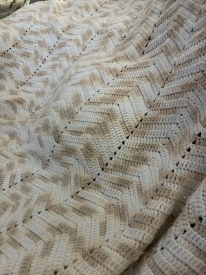 Handmade Crochet Afghan Throw Blanket Neutral Beige & White Cottage Core 68 x 68