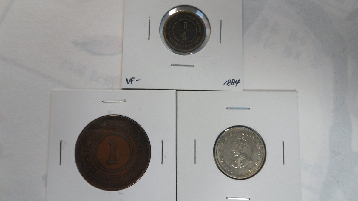 Straits Settlements 1/4 1 5 Cent 3Pcs Lot, 1884 1888 1920, VF