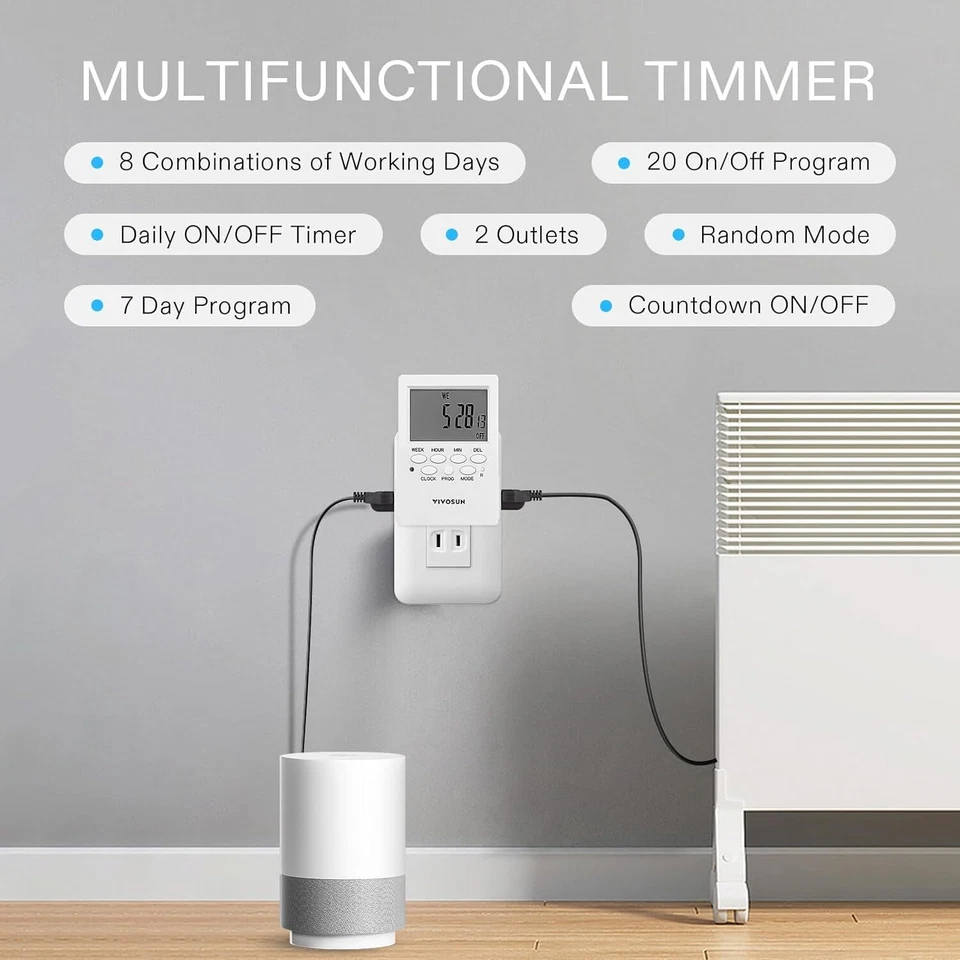 VIVOSUN 2 piezas Temporizador 7 días Digital Programable Plug-in Outlet Temporizador Foto 3 de 4
