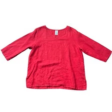 Match Point USA Red 100% Linen Loose 3/4 Sleeve Tunic Top Sz L