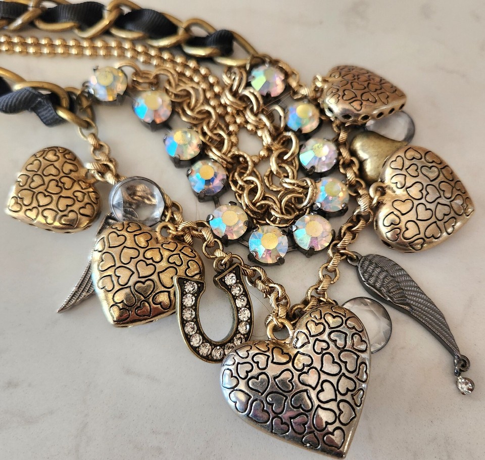 Betsey Johnson Lucite Leopard Hearts Angel Wings MultiStrand Necklace