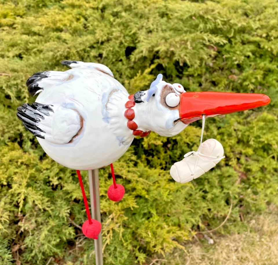 Keramik Gartenkugel Dekoration Statue Vogel Storch H14cm Midene Handgefertigt - Bild 1 von 4