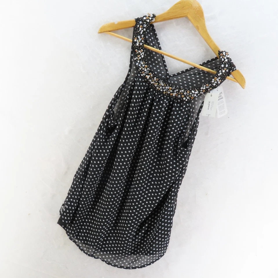 VALLEY GIRL Womens Size 8 Sleeveless Black & White Dot Top Beaded Neckline - image 2 of 4