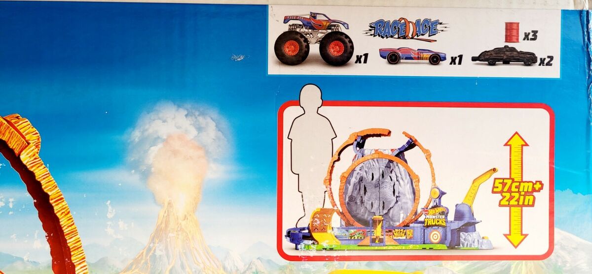 Hot Wheels Monster Truck T-Rex Volcano Arena Track Playset with Lights &  Sounds