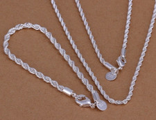 925 Sterling Solid Silver 4MM Twisted Rope Chain Necklace and Bracelet