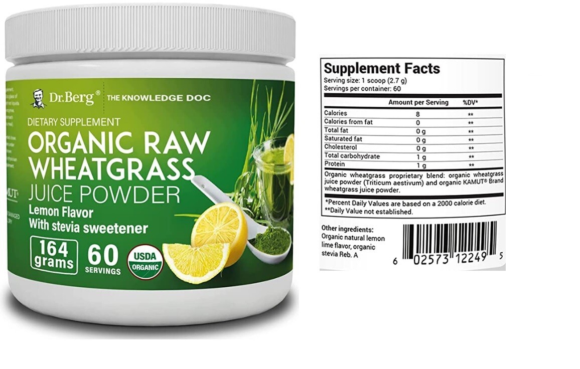 Dr Berg Raw Wheatgrass Juice Powder 60 Servings, Certified Organic