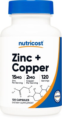 Nutricost Zinc + Copper Capsules (120 Count) - 15mg Zinc + 2mg Copper Per Servin