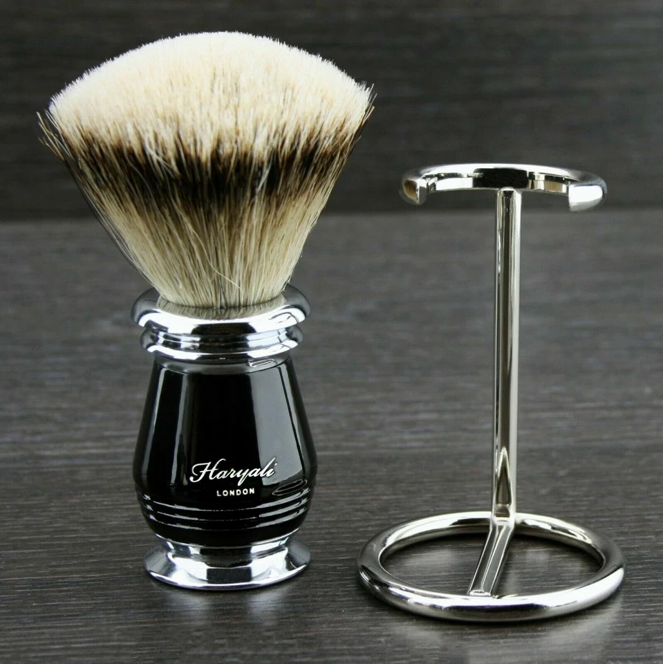 Cepillo de afeitar para hombres cabello sintético + soporte para cepillos de acero inoxidable Foto 2 de 2