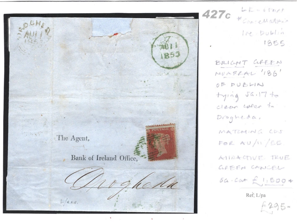 GB Irlanda Dublín VERDE BRILLANTE *186* Número 1d Cubierta Roja SG.Cat £1500 1855 427c Foto 2 de 4