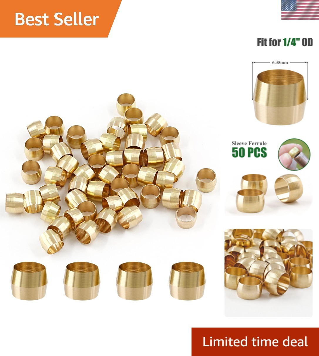 50 Pcs Brass Compression Fitting, 1/4" Tube OD Compression Sleeves Ferrules B...