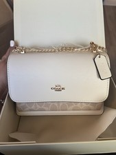 Coach White Beige Logo Shoulder Bag Gold Chain Strap Tag Women's Designer