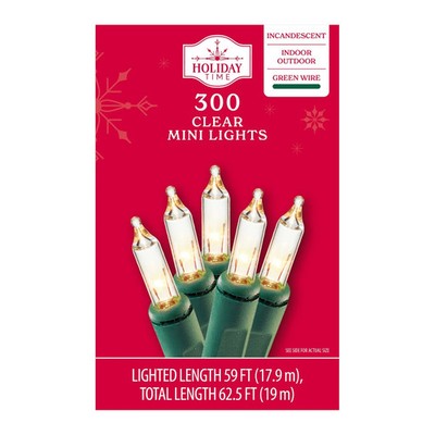 New ! Holiday Time  300-Count Incandescent Mini Lights, Clear, 59'