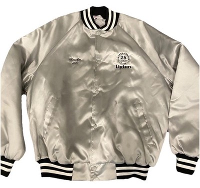 Vintage West Ark Silver Satin Bomber Jacket Lipton Tea 25 Year Club 1974 Size XL