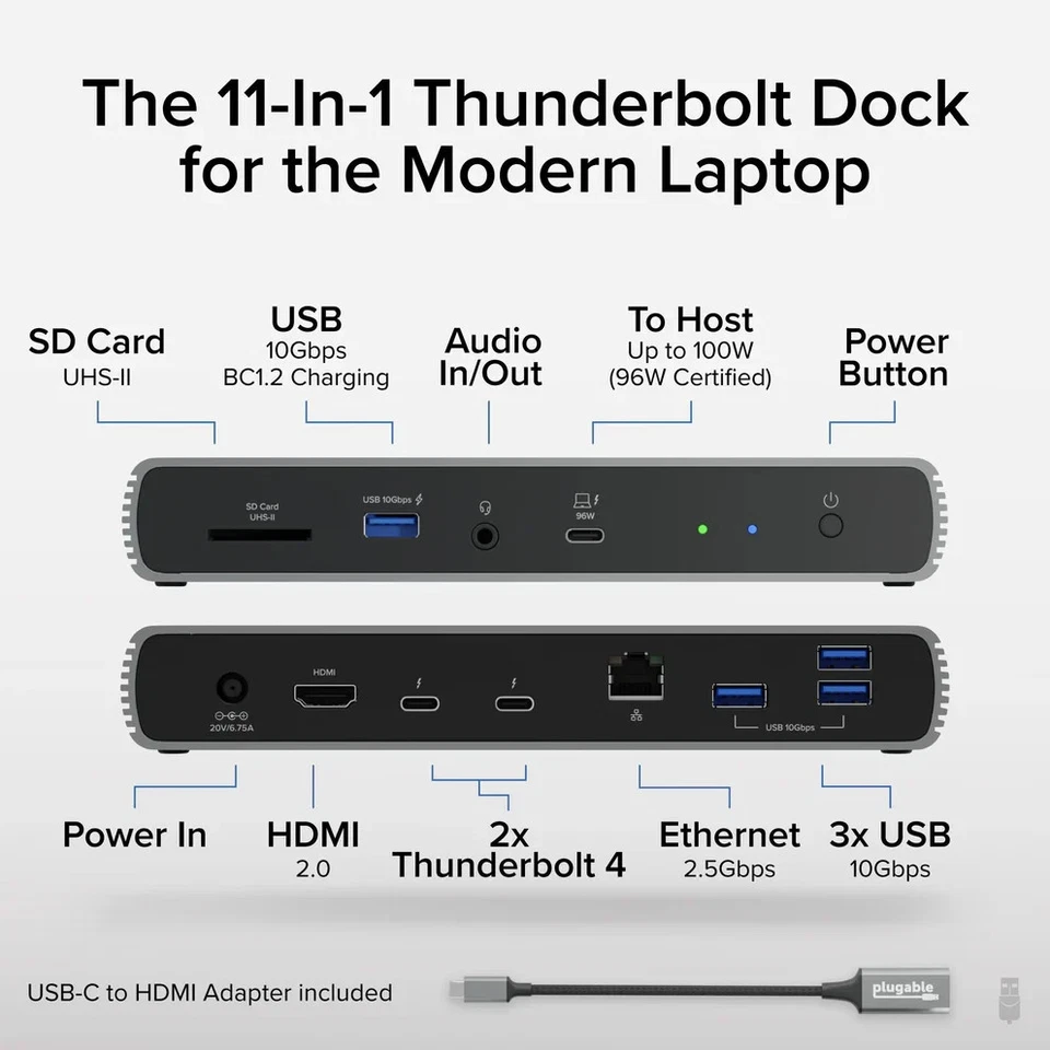 Plugable Thunderbolt 4 Dock for 8K Monitor 96W Charging-40Gbps-Factory Sealed - Image 2 of 4