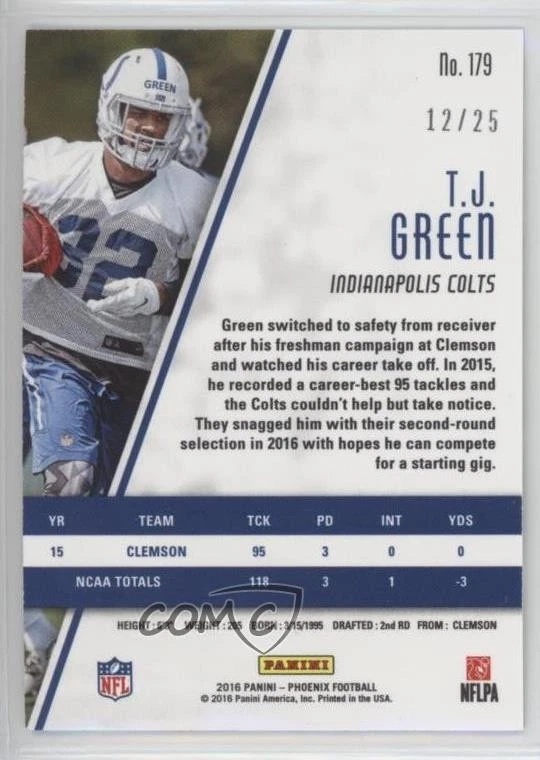 2016 Panini Phoenix Rookies Yellow /25 TJ Green #179 Rookie RC - Image 2 of 2