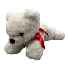 Gentle Treasures White Polar Bear Red Bow Lying Down Plush Stuffed Animal 9”