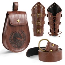 4PCS Renaissance , Medieval Viking Belt Leather Bracers Pouch Costume Men for...
