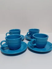 Vintage Fiestaware Homer Laughlin Set of 4 Blue Tea Cups & Saucers USA▪︎MINT!!