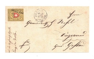 SCHWEIZ 1850 RAYON II - 10 RP.  - 16II - AUF ZÜRICHFRAGMENT NACH GOSSAU 1853