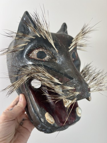 Vintage Mexican Handmade Wolf Mask Black Hand-Carved Wood with Natural Bristles