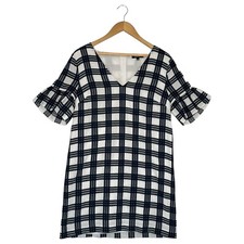 Madewell Dress Womens 6 Ruffle Short Sleeve V Neck Checkered Lined Blue