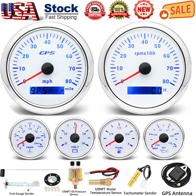 6 Gauge Set 85mm GPS Speedometer 80MPH Gauge Waterproof for Marine Boat Car US