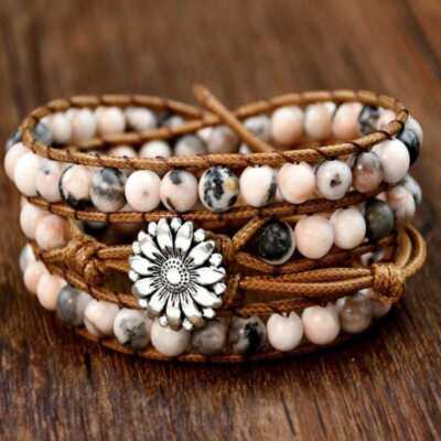 6mm red stone cowhide rope woven cuff bracelet 3 circles Unique