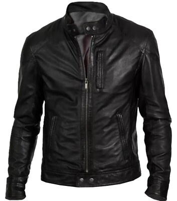 Herren neu schwarz 100 % echtes Lammleder Leder Motorrad Biker Cafe Racer Jacke