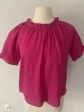Loft XS Pink Eyelet Puff Sleeve Top Cotton Short Sleeve Ruffle Trim