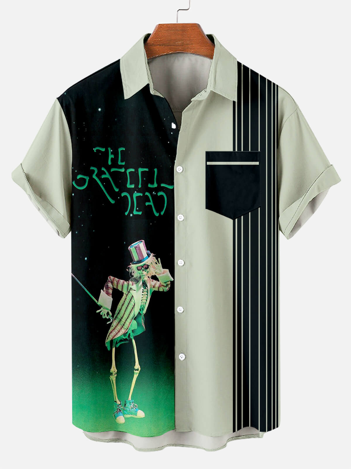 Striped Skull Print Short Sleeve Hawaiian Shirt for Men – Available in US Sizes