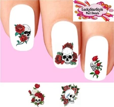 Waterslide Nail Decals Set of 20 - Skull with Red Roses Assorted