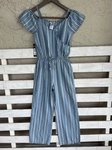 New bebe girls Chambray jumpsuit cold shoulder Striped size L(14). - Picture 3 of 18