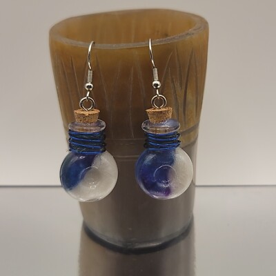 small handmade deep blue/purple and pearly white wrapped potion bottle earrings