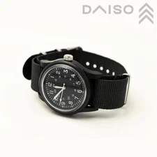 Daiso MILI-WATCH Military Style Watch Black One-Piece Strap Seiko Movemrent