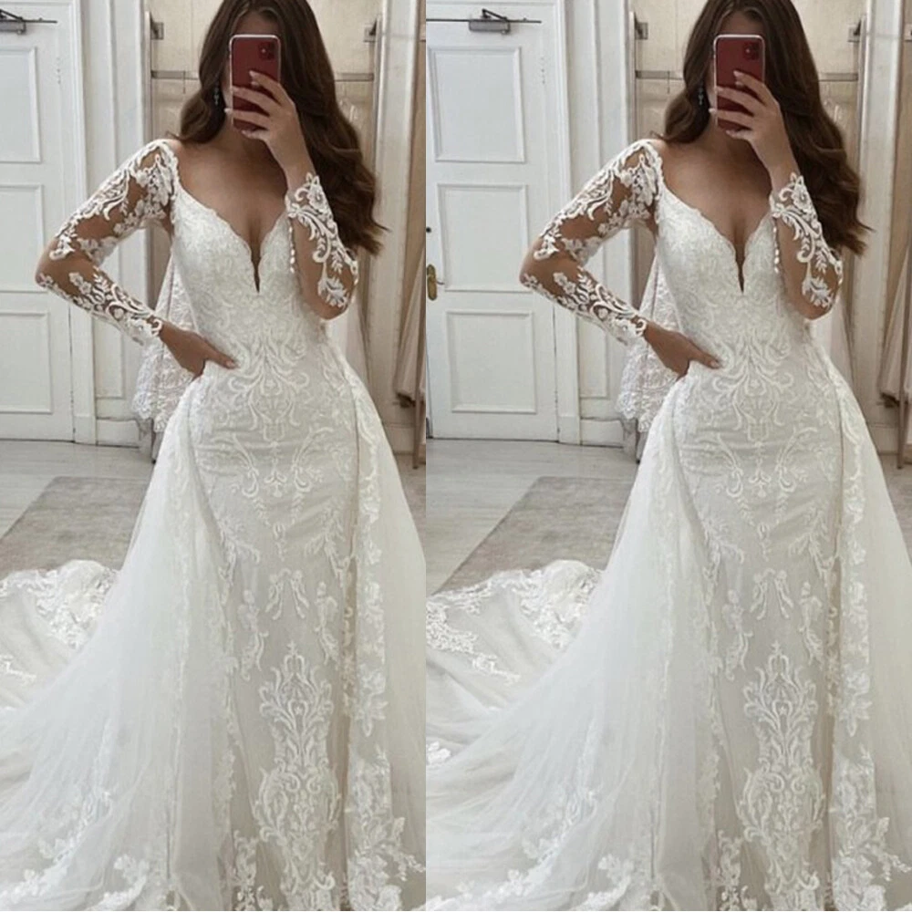 Mermaid Vintage Wedding Dresses Long Sleeves Lace Appliuqes V-Neck